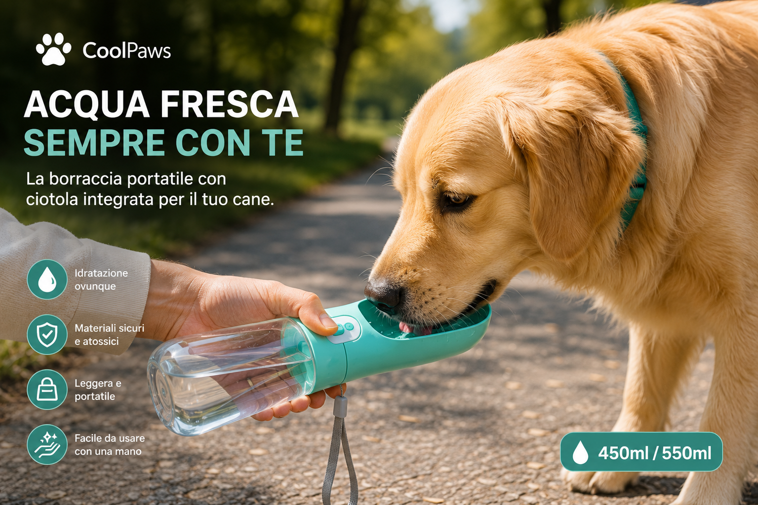 CoolPaws® Borraccia Portatile per Cani con Ciotola Integrata | 450ml / 550ml
